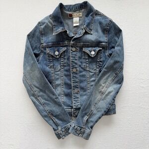 Vintage Nine Planet Denim Jacket Womens S Made USA Stretch Fitted Y2K Trucker